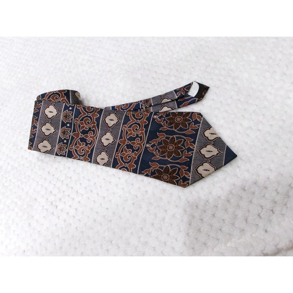 Spencer & Lowe Mens 4x58‎ Necktie Navy Blue Brown Silk Floral Medallion USA Made